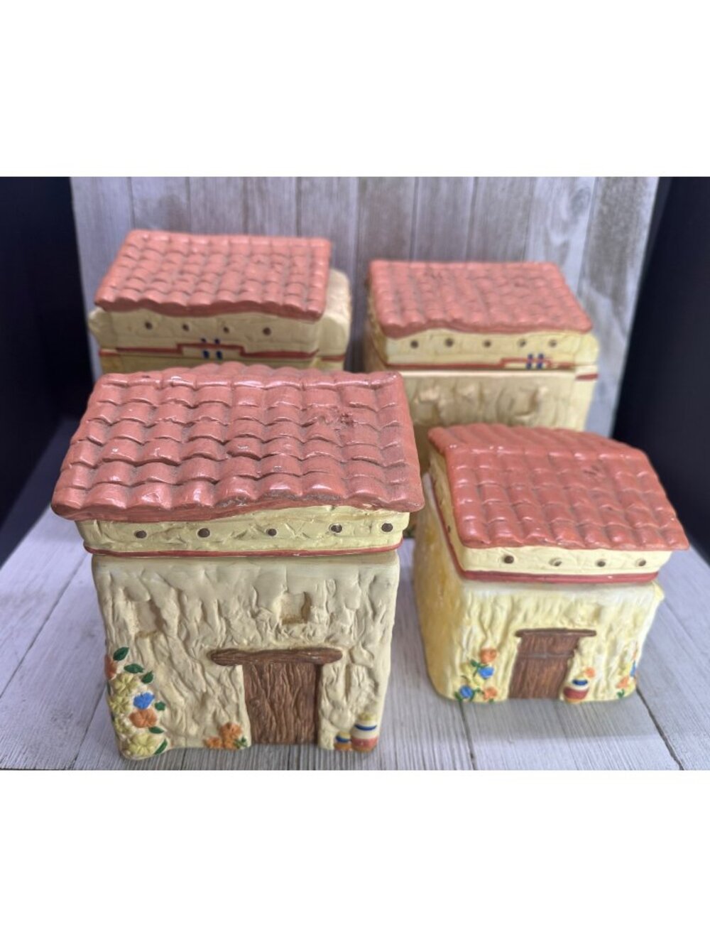Vtg House of Llyod 91 Set of 4 Cannisters Southwestern Adobe 8",7.5",7",5" Tall